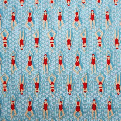 Tissu coton imprimé Oeko-Tex Swimming Pool Bleu / Rouge