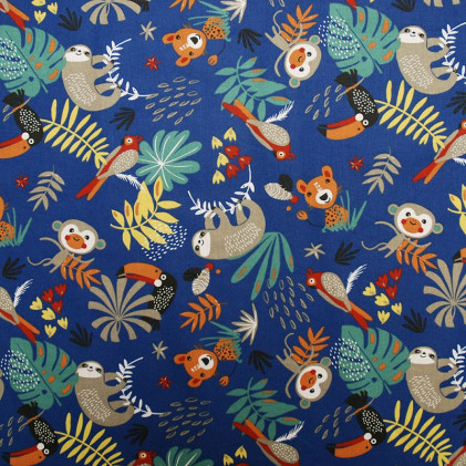 Tissu coton imprimé Oeko-Tex Papaya Bleu roi