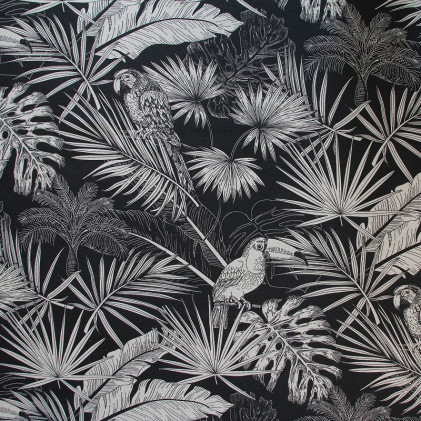 Tissu toile imprimé Feuillage et toucan Perucano Noir
