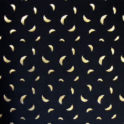 Tissu jersey de coton imprimé plumes Noir