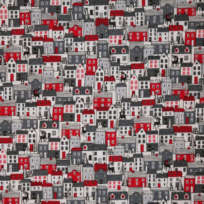 Tissu patchwork Noël Scandi Houses Gris / Rouge
