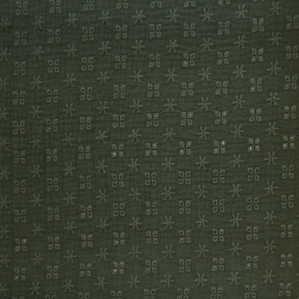 Tissu double gaze de coton brodée Fleurs Vert kaki