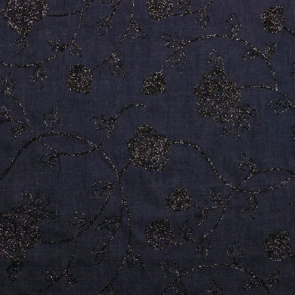 Tissu jean's fleurs brodées lurex Bleu marine