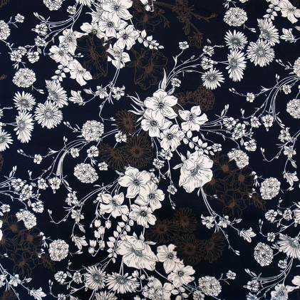Tissu satin de coton Fleurs Bleu marine