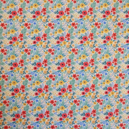 Tissu satin de coton fleuri Oeko-Tex imprimé Marcie Rouge / Bleu