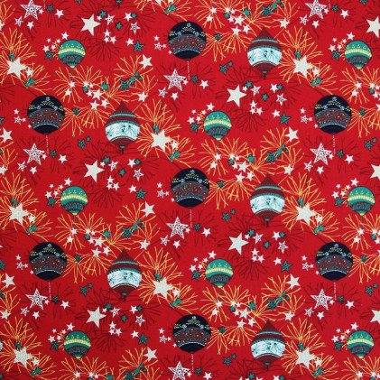 Tissu coton Noël imprimé Branches et boules Rouge
