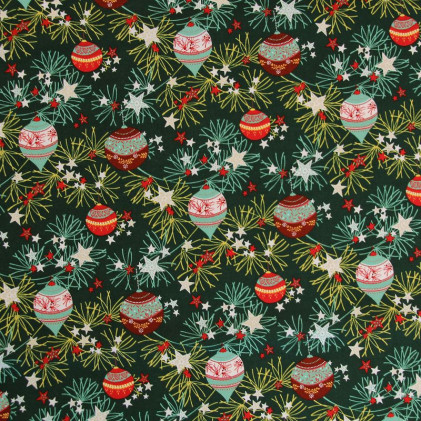 Tissu coton Noël imprimé Branches et boules Vert