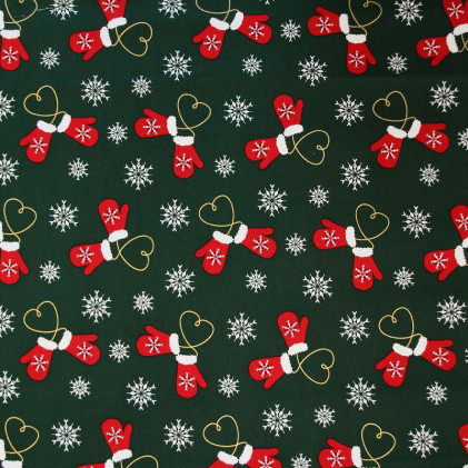 Tissu coton Noël imprimé Mouffles vert