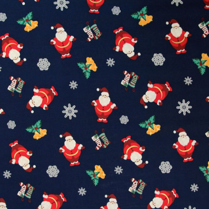 Tissu coton Noël imprimé Père Noël Bleu marine