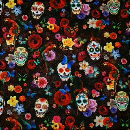 Tissu velours Floral Skull Noir / Multicolore