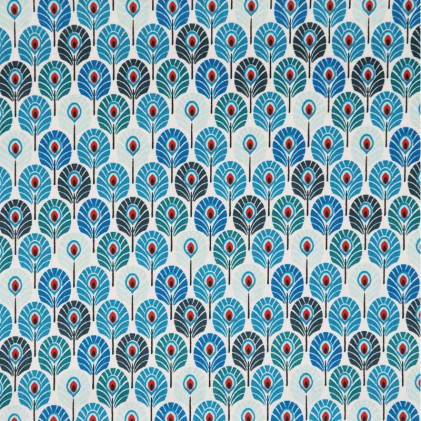 Tissu coton imprimé Oeko-Tex Plumes de paon Bleu