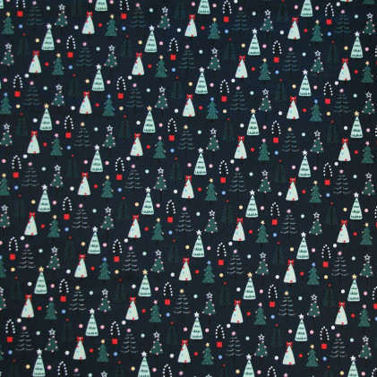 Tissu coton imprimé Sapins de Noël Bleu marine
