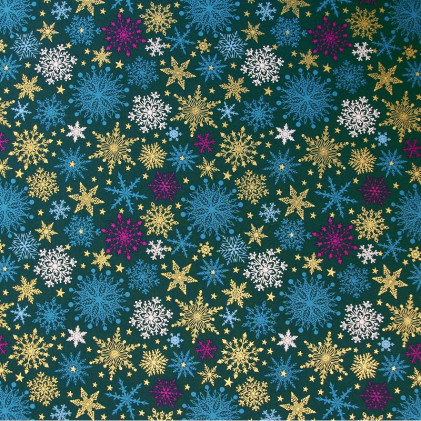 Tissu Noël coton imprimé Flocons Oeko-Tex Pétrole