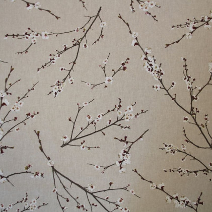 Tissu faux lin imprimé Branches de cerisiers Rose / Blanc
