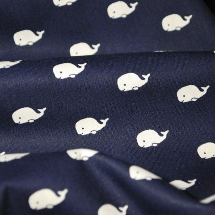 Tissu coton Oeko-Tex imprimé Baleines bleu marine