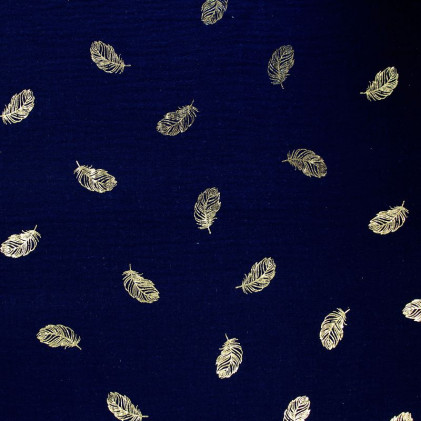 Tissu double gaze de coton Plumes glitter Bleu marine