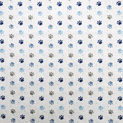Tissu coton Oeko-Tex imprimé Patounes Blanc / Bleu