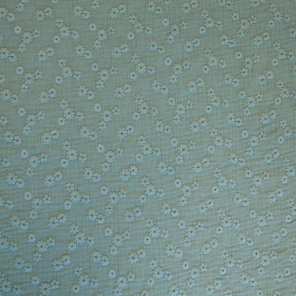 Tissu double gaze de coton brodée Esmée Vert de gris