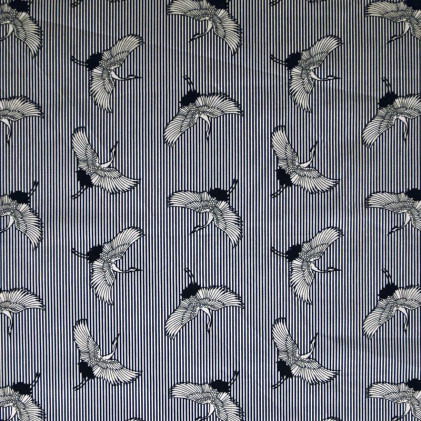 Tissu coton popeline imprimée Grue Bleu / Blanc