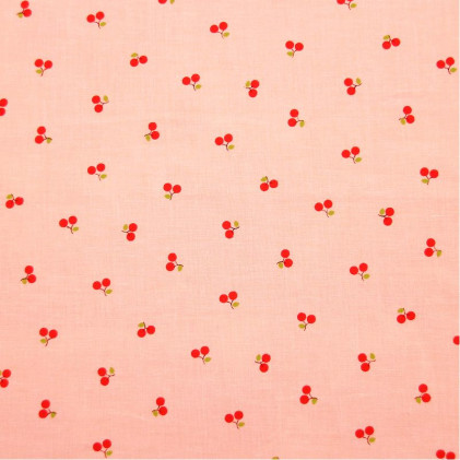 Tissu voile de coton Cerisettes  Rose / Rouge
