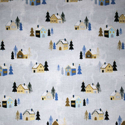 Tissu coton Noël imprimé Villages eneigés bleu gris