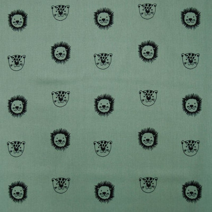 Tissu coton imprimé Têtes de Fauves Vert kaki