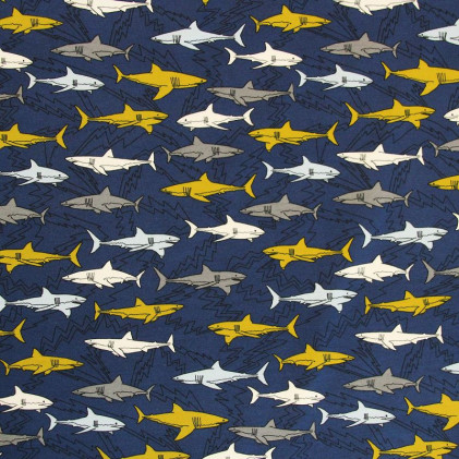 Tissu jersey imprimé Requins Bleu marine