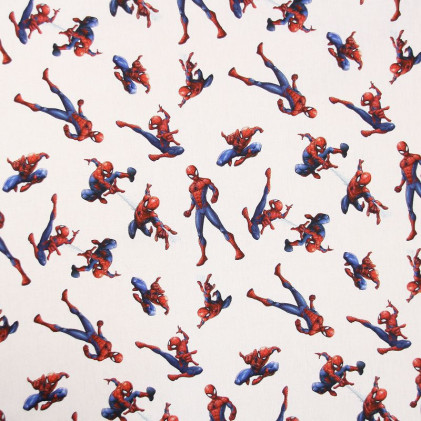 Tissu popeline Oeko-Tex imprimé Spiderman Blanc / rouge / bleu