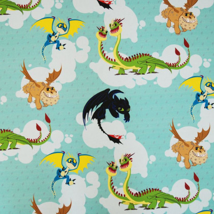 Tissu coton enfant Dragons Turquoise