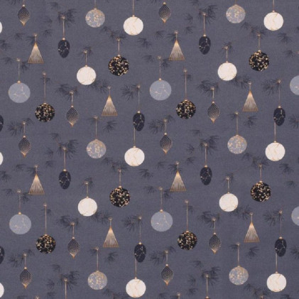 Tissu Noël coton imprimé Boules de Noël bronze bleu gris