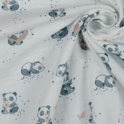 Tissu double gaze de coton imprimé Bébé Panda Blanc