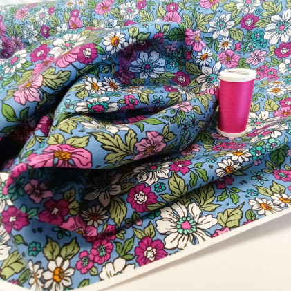 Tissu coton imprimé Ana  fleurs Bleu