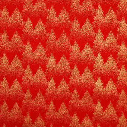 Tissu coton de Noël œko-tex Forêt Sapins Rouge / Doré