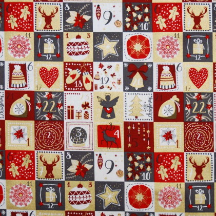 Tissu coton de Noël œko-tex imprimé calendrier Rouge / Gris