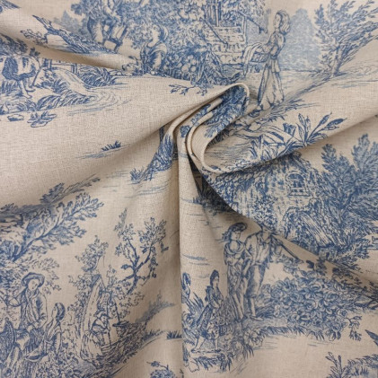 Tissu coton imprimé toile de jouy Mini pastorale Bleu