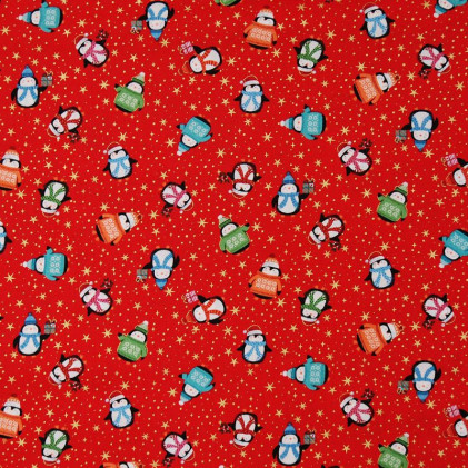 Tissu patchwork Noël Pingouins Rouge